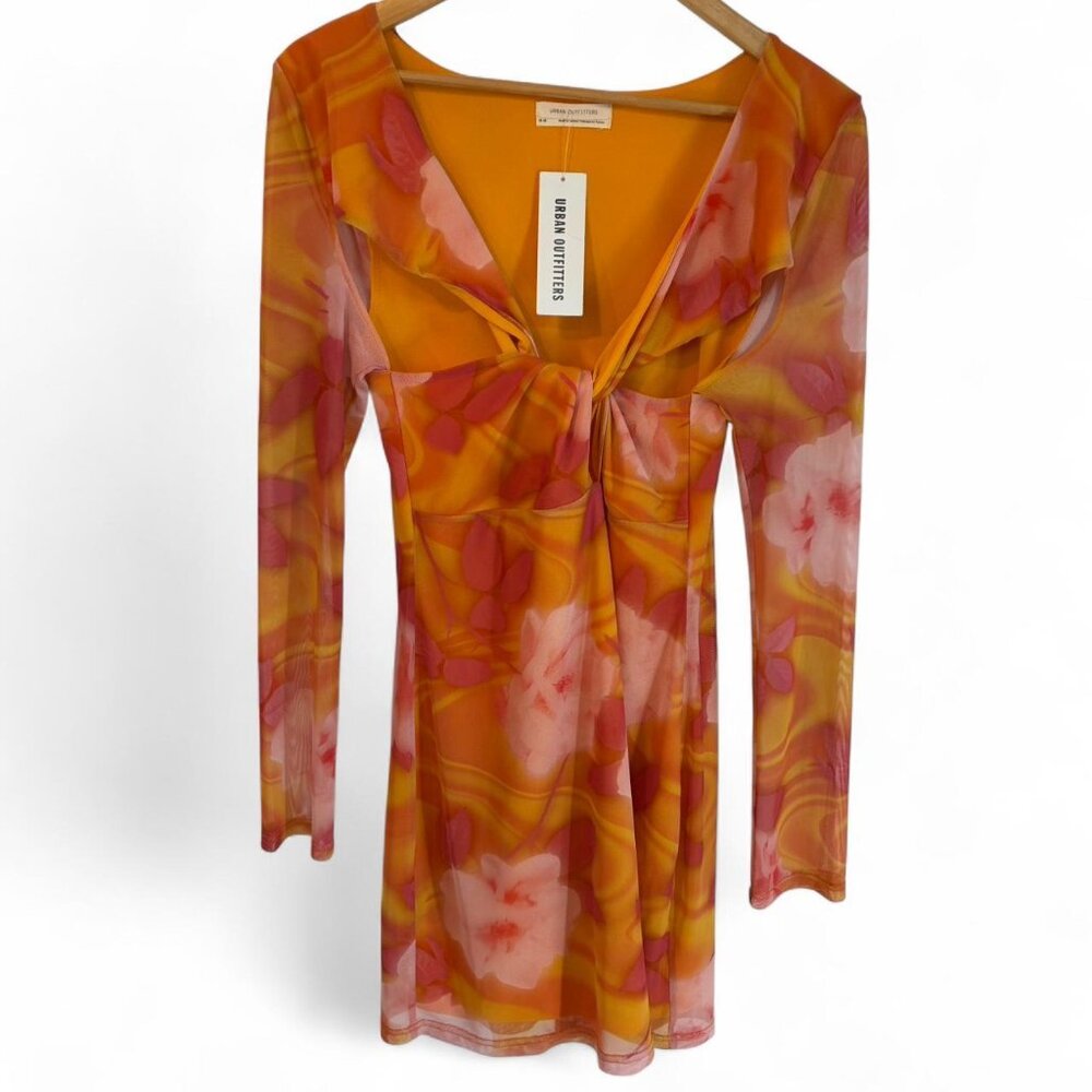 Urban Outfitters Orange and Pink Floral Mesh Mini Dress, Size Medium M New